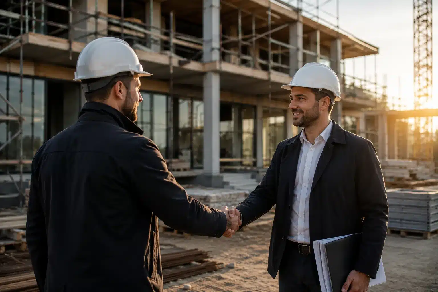 projektbesprechung baustelle handschlag